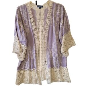 Democracy Womens Lavender Purple Embroidered Crochet Lace Kimono Cardigan M